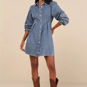 Lulus Uniquely Darling Medium Wash Denim Mini Dress With Pockets Sz Med.